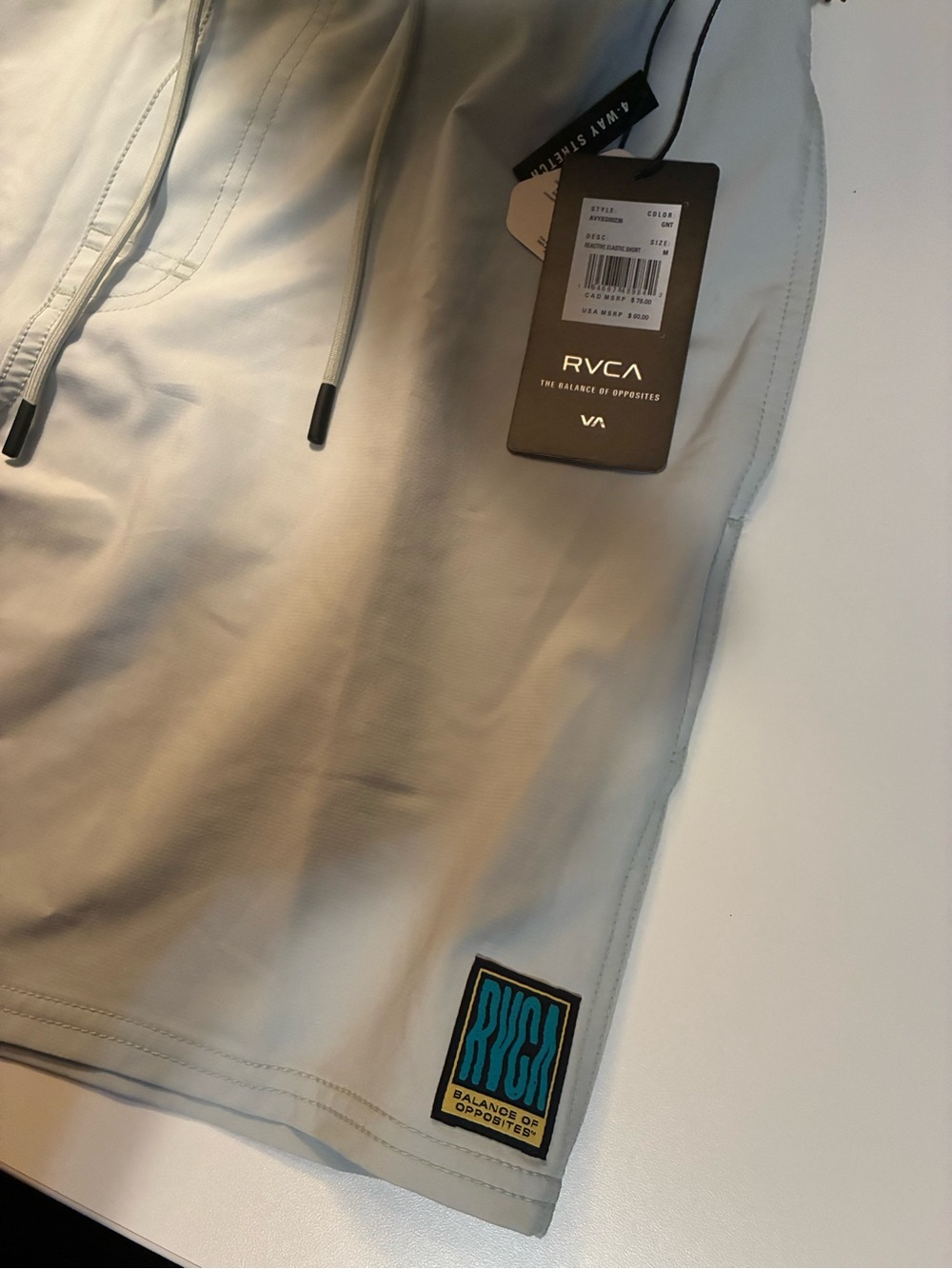 RVCA Light Gray Men’s Swim Trunks with Blue Logo Patch